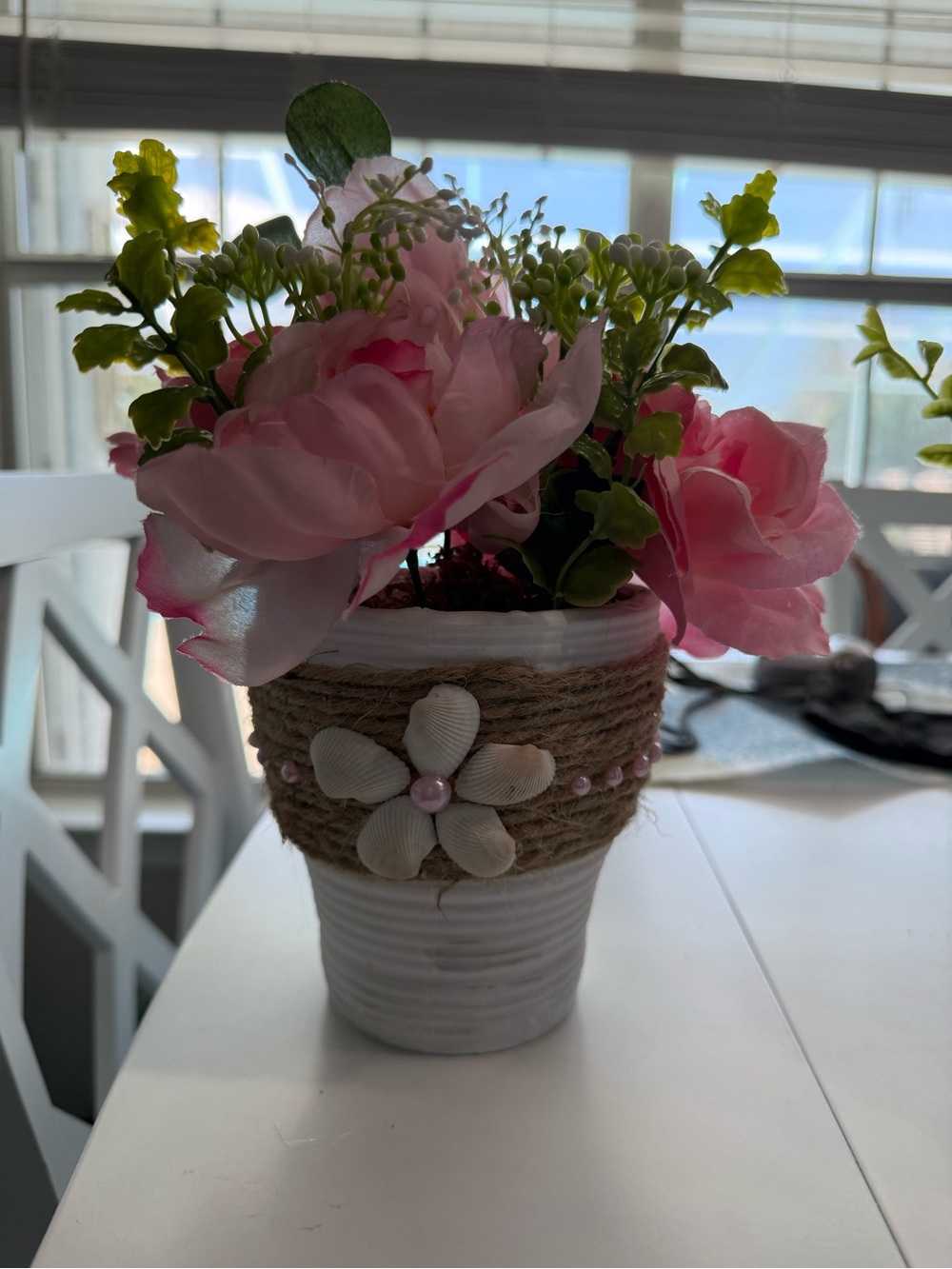 Decorative Pink Faux Peony Floral Arrangement in a beachy pot